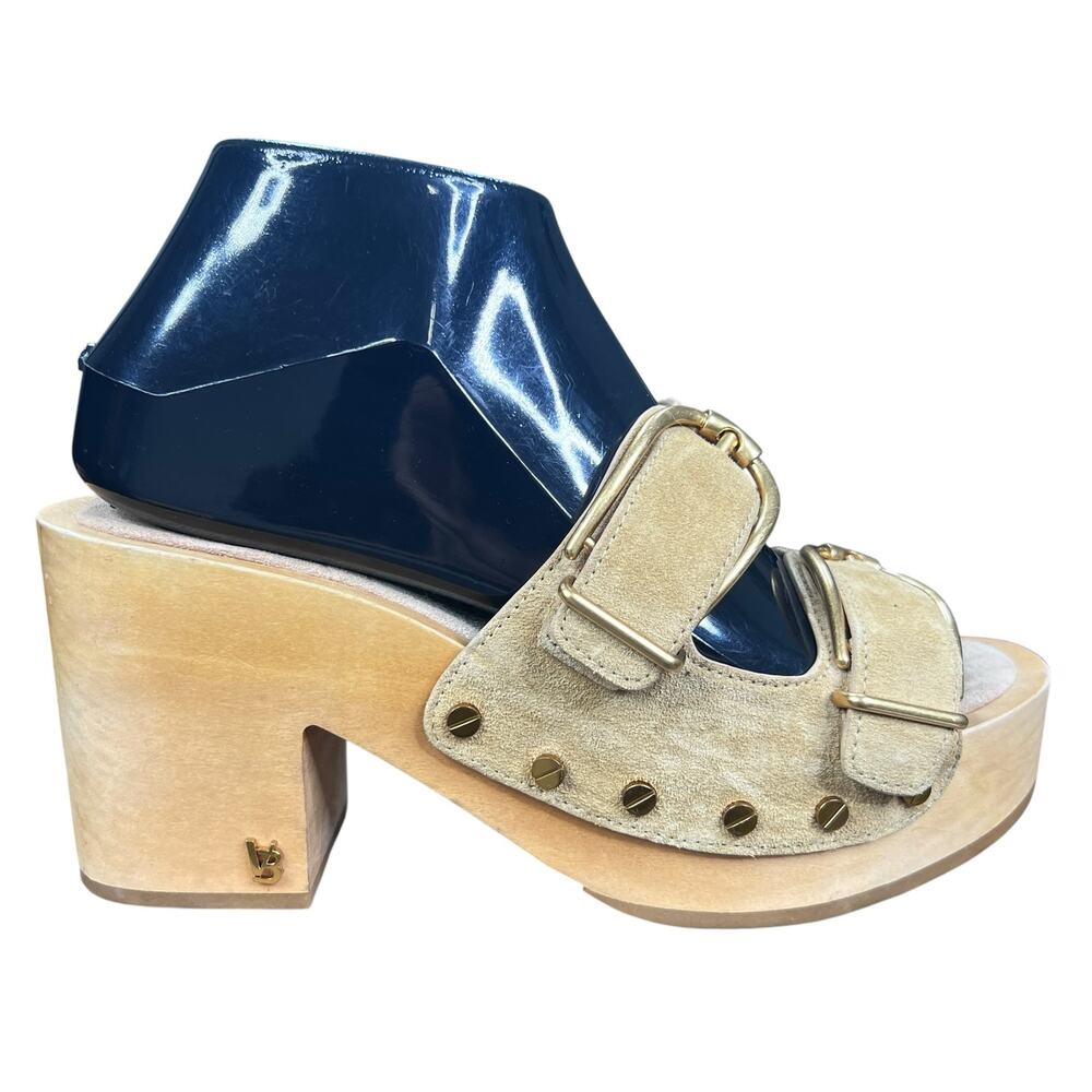 Veronica Beard Dacey Tan Suede Wooden Platform Clog Sandals Size 7.5